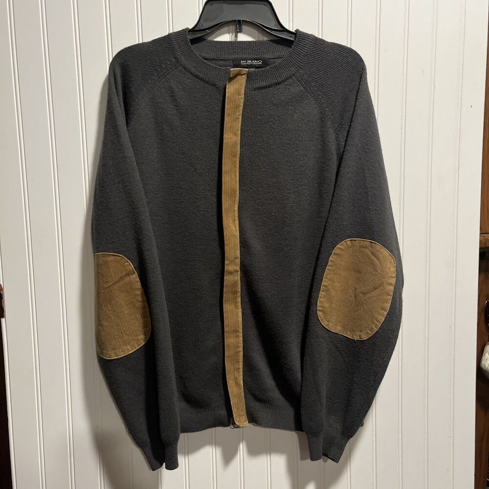 Murano Men's Gray Knit Full Zip Crew Neck Academia Cardigan Corduroy Accents Lg